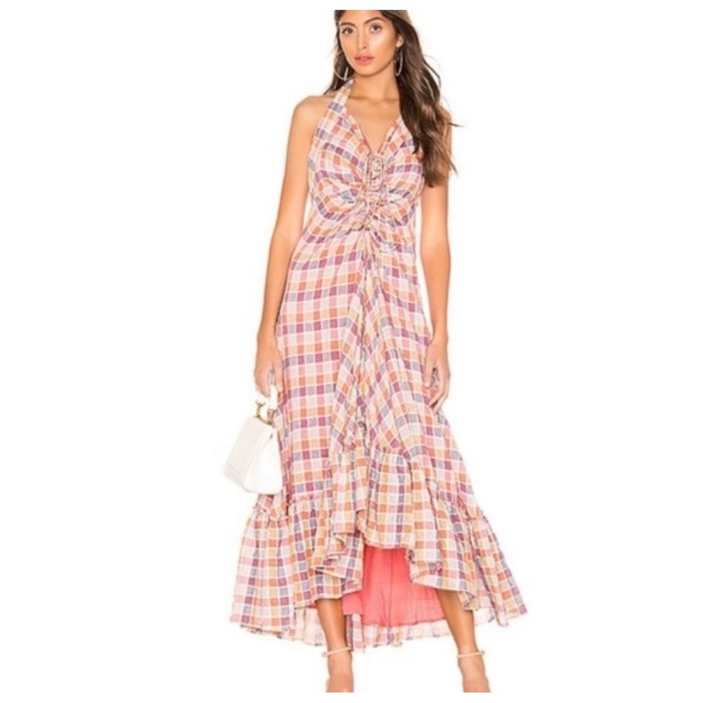 Free People 98% Cotton Rainbow Dreams Boho Fairy Checkered Maxi Plaid Dress 0